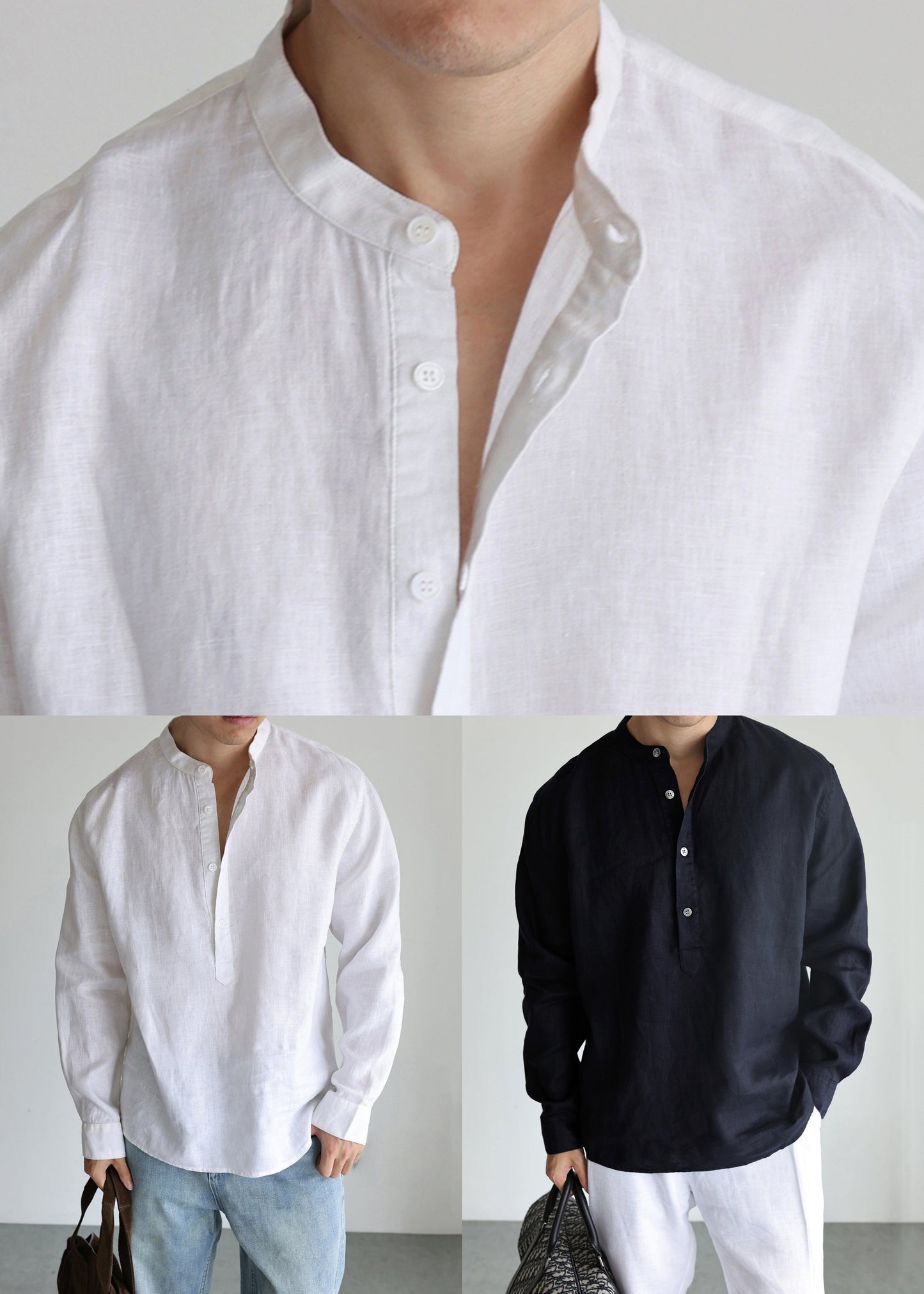 Simple White Stand Collar Button Linen Men's Shirts Fall