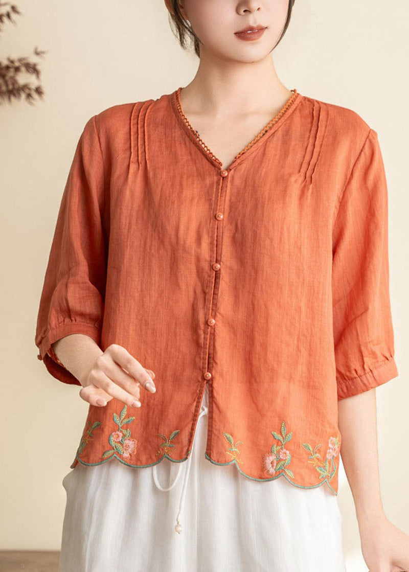 Simple White V Neck Patchwork Linen Shirt Half Sleeve