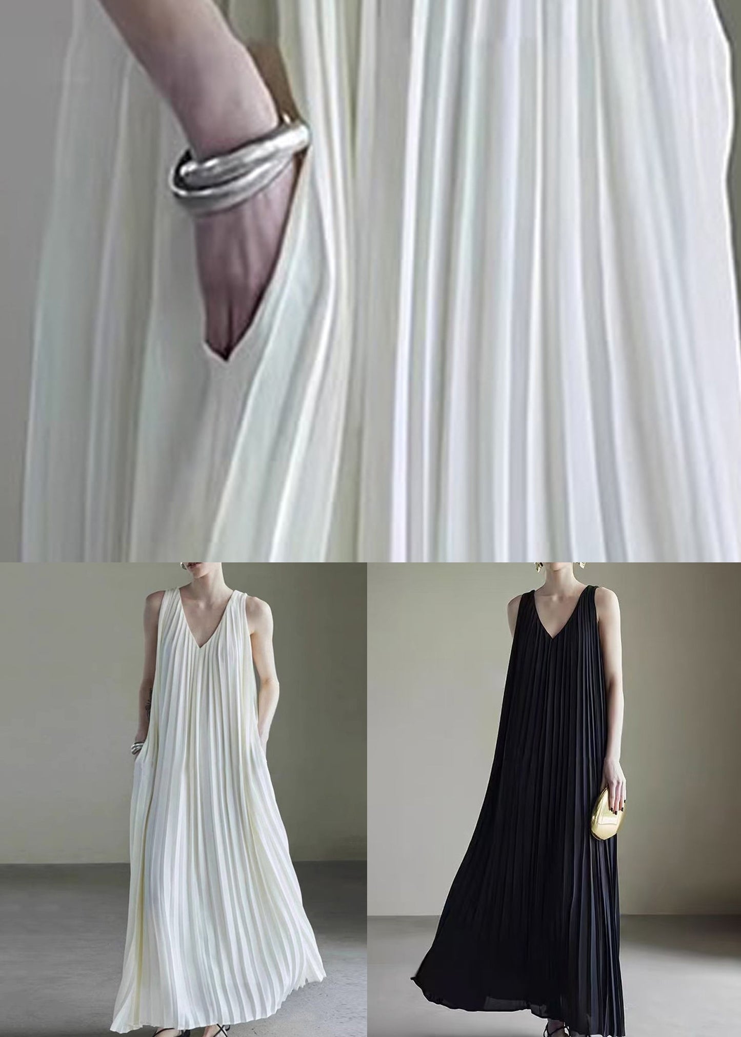 Simple White V Neck Wrinkled Chiffon Long Dress Sleeveless