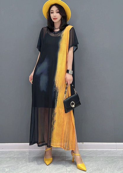 Simple Yellow Black O-neck Side Open Hollow Out Tulle Dress Long Smock Short Sleeve
