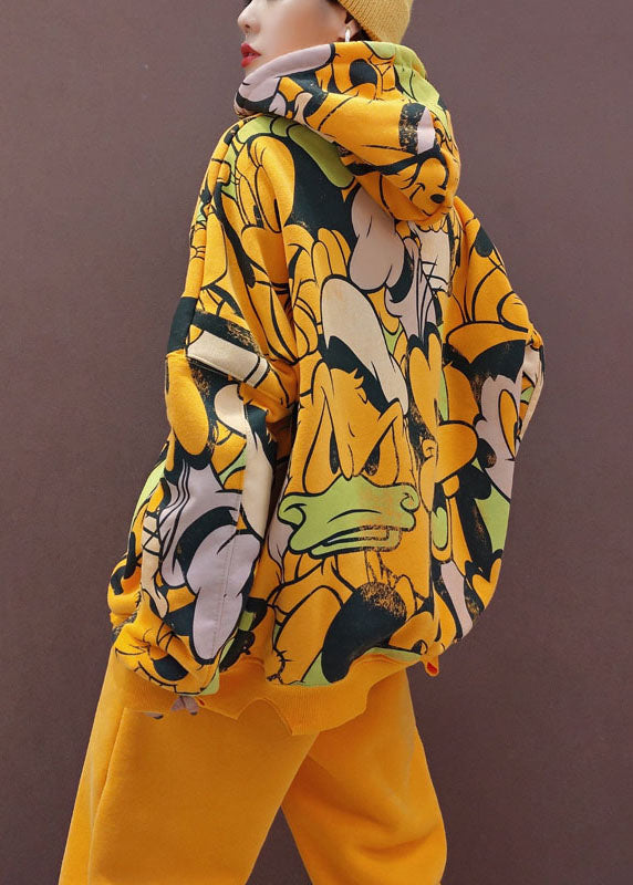 Simple Yellow Hooded Warm Fleece Sets 2 Pieces Spring