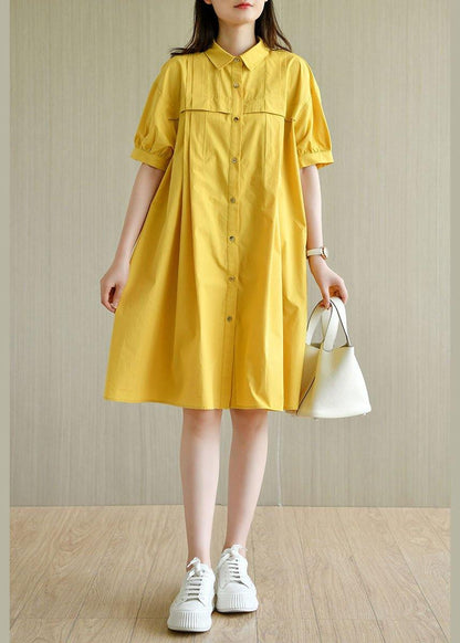 Simple Yellow Loose Peterpan Collar Button Summer Cotton Dresses