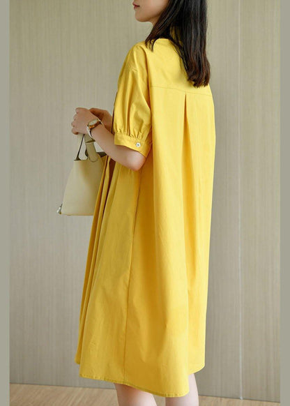 Simple Yellow Loose Peterpan Collar Button Summer Cotton Dresses