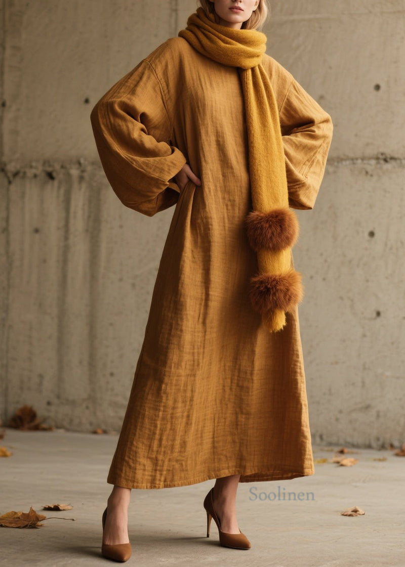 Simple Yellow O Neck Cotton Long Dress Lantern Sleeve