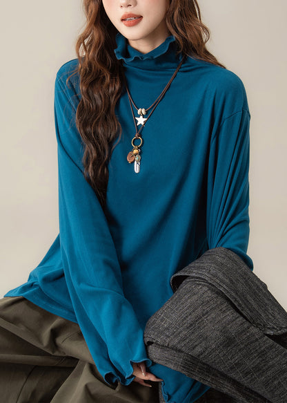 Simple Yellow Ruffled Hign Neck Cotton T Shirt Tops Spring
