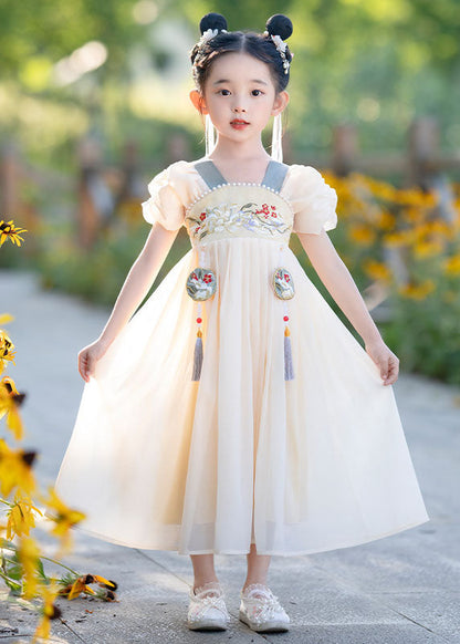 Simple Yellow Tasseled Embroideried Nail Bead Patchwork Baby Dress Summer