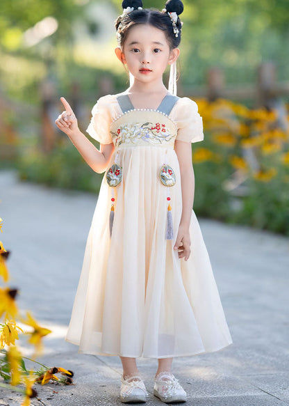 Simple Yellow Tasseled Embroideried Nail Bead Patchwork Baby Dress Summer