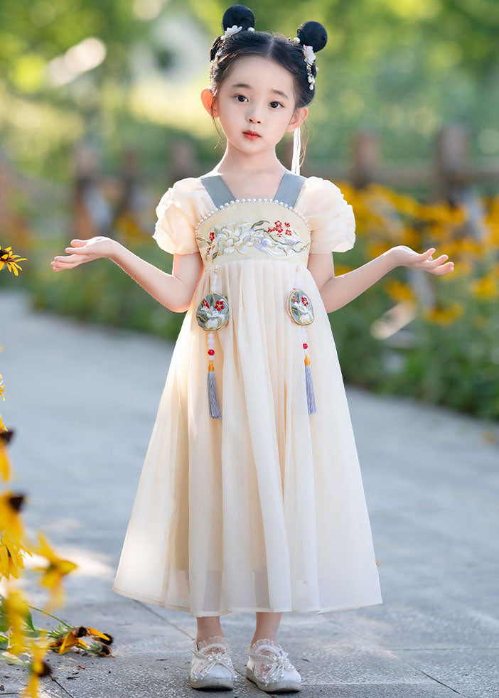 Simple Yellow Tasseled Embroideried Nail Bead Patchwork Baby Dress Summer