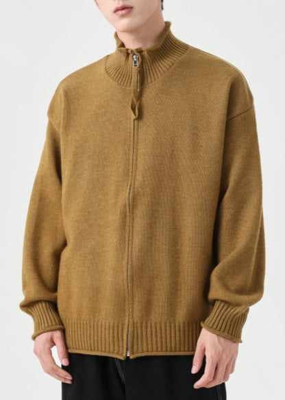 Simple Yellow Zip Up Knit Cardigans Spring