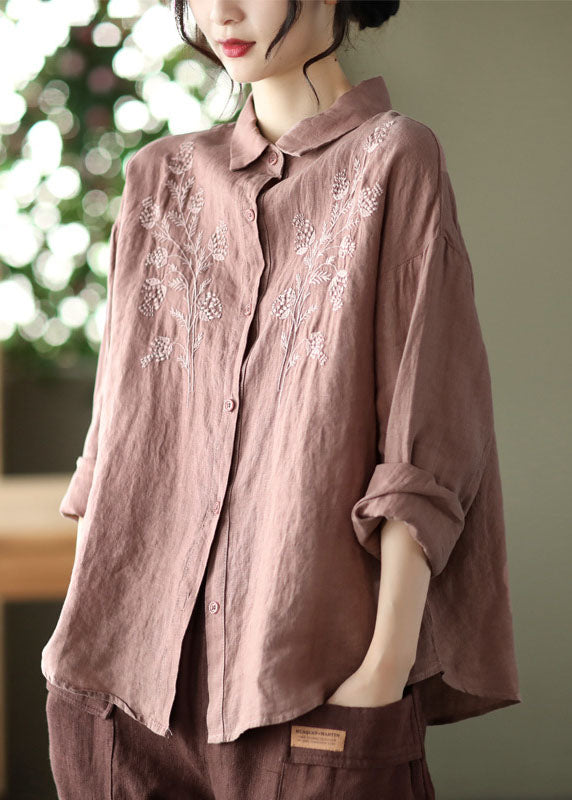 Simple Yellow Button Peter Pan Collar Embroideried Linen Blouse Top Long Sleeve