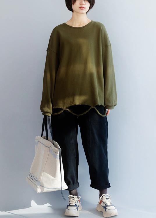 Simple Army Green Cotton Shirts Hole Hem Clothing O Neck Shirts