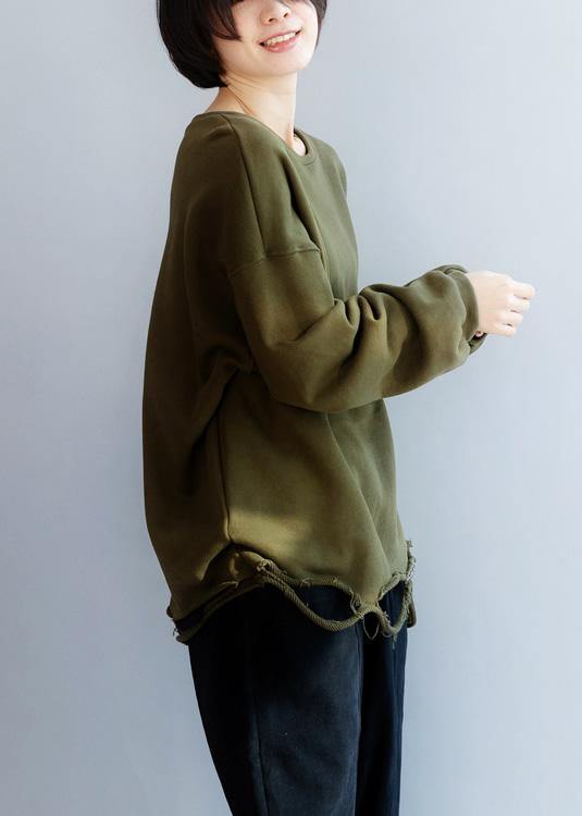 Simple Army Green Cotton Shirts Hole Hem Clothing O Neck Shirts