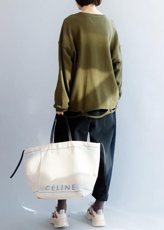 Simple Army Green Cotton Shirts Hole Hem Clothing O Neck Shirts