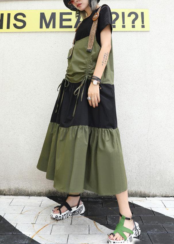 Simple Army Green Sleeveless Cotton Long Shirts Drawstring Robe Summer Dress