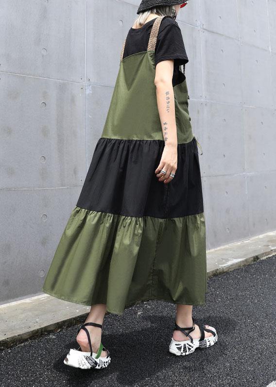 Simple Army Green Sleeveless Cotton Long Shirts Drawstring Robe Summer Dress