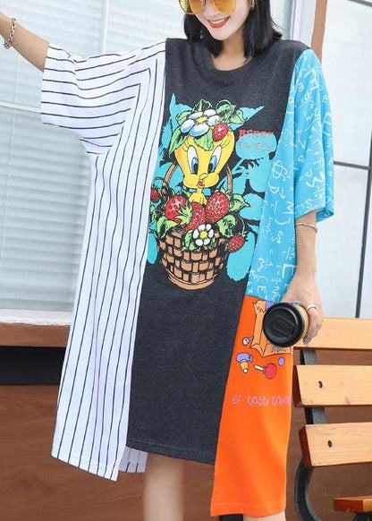 Simple Asymmetric Hem Blended Clothes Linen Patchwork Dress Summer