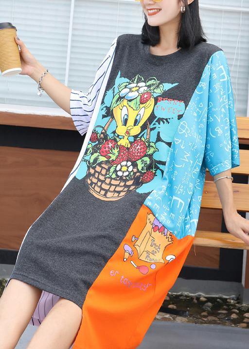 Simple Asymmetric Hem Blended Clothes Linen Patchwork Dress Summer