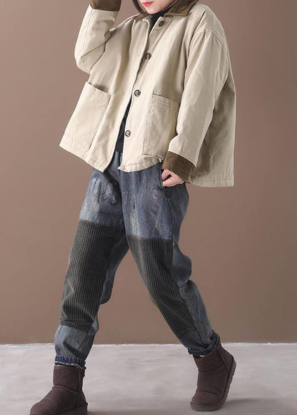 Simple Beige Fine Crane Coats Work Lapel Patchwork Outwear