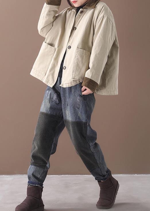 Simple Beige Fine Crane Coats Work Lapel Patchwork Outwear