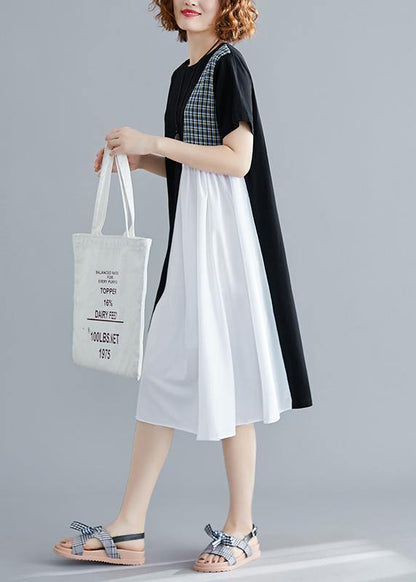 Simple Black Cotton Quilting Clothes O Neck Patchwork Summer Dress