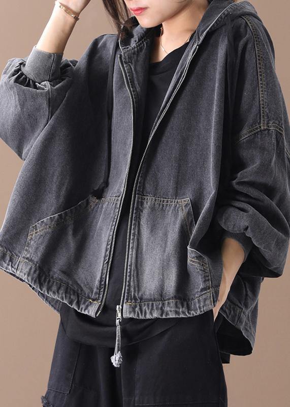 Simple Black Fine Tunics for Neckline Hooded Zippered Coats