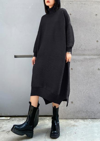 Simple Black Sweater Outfits Largo High Neck Low High Design Art Fall Knit Dress