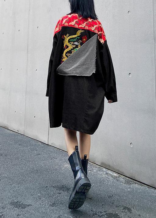 Simple Black Clothes Stand Collar Patchwork Print Dress