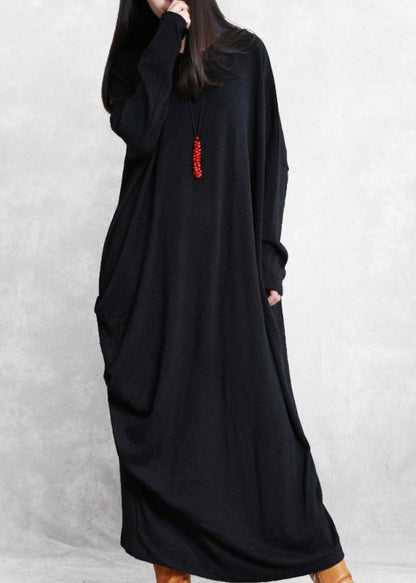 Simple Black Cotton Clothes Asymmetric Cotton Robes Wild Dress