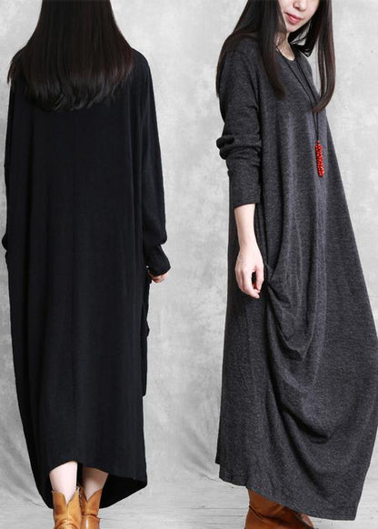 Simple Black Cotton Clothes Asymmetric Cotton Robes Wild Dress