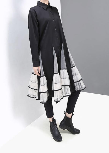 Simple Black Cotton Clothes Big Hem Maxi Patchwork Shirt Dress