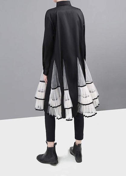 Simple Black Cotton Clothes Big Hem Maxi Patchwork Shirt Dress