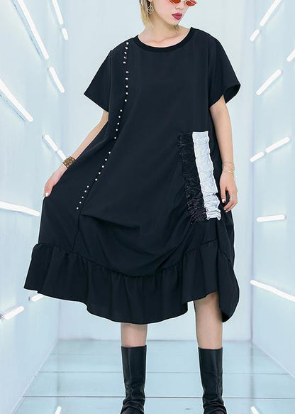Simple Black Cotton Quilting Clothes Drawstring Cotton Summer Dresses