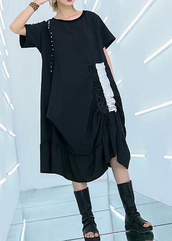 Simple Black Cotton Quilting Clothes Drawstring Cotton Summer Dresses