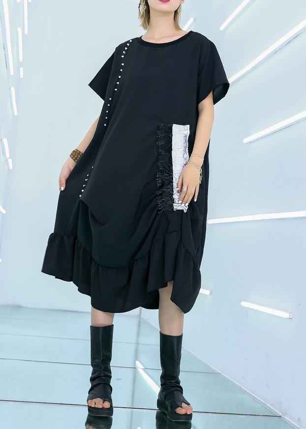 Simple Black Cotton Quilting Clothes Drawstring Cotton Summer Dresses