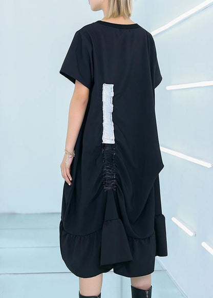 Simple Black Cotton Quilting Clothes Drawstring Cotton Summer Dresses