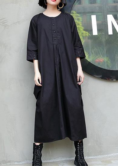 Simple Black Cotton Quilting Dresses O Neck Cinched Maxi Summer Dresses