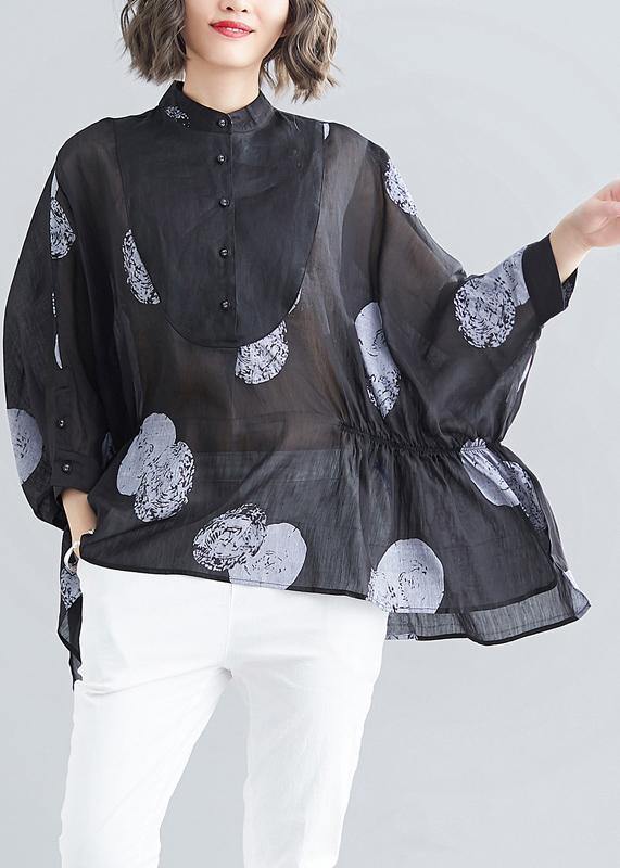 Simple Black Dotted Linen Linen Tops O Neck Asymmetric Cotton Summer Top