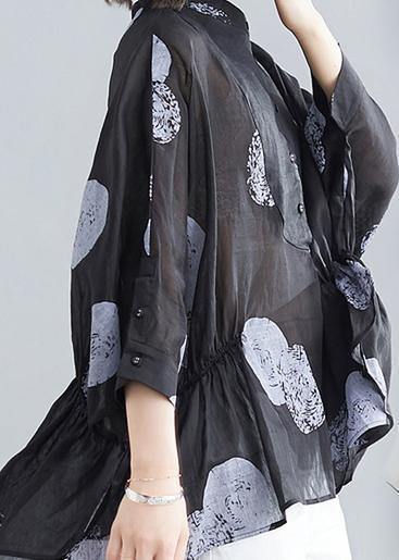 Simple Black Dotted Linen Linen Tops O Neck Asymmetric Cotton Summer Top
