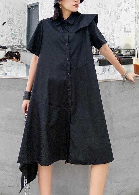 Simple Black Dress Lapel Zippered Baggy Asymmetric Dresses