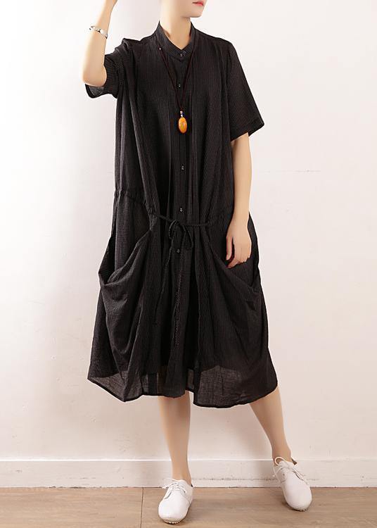 Simple Black Linen Quilting Dresses Design Stand Collar Long Summer Dresses