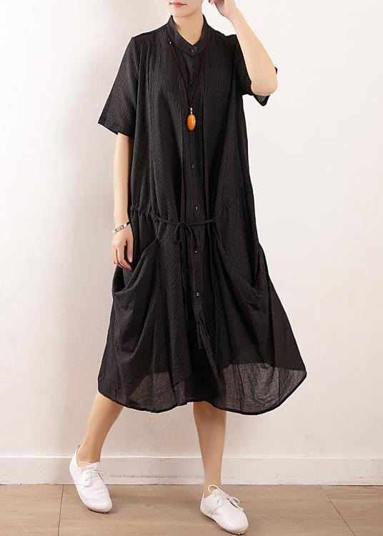 Simple Black Linen Quilting Dresses Design Stand Collar Long Summer Dresses