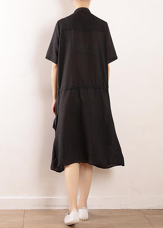 Simple Black Linen Quilting Dresses Design Stand Collar Long Summer Dresses