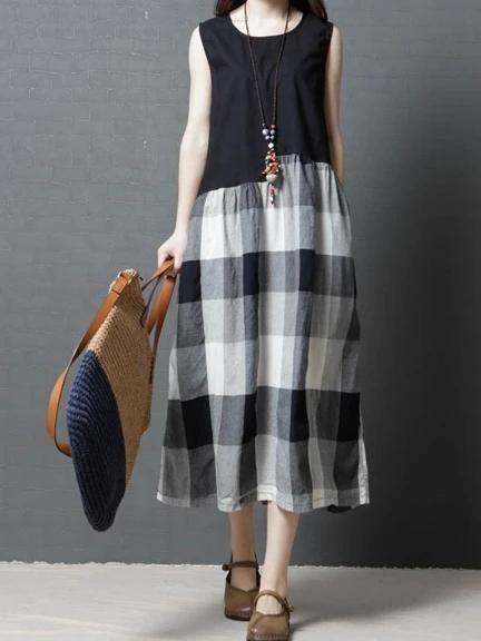 Simple Black Patchwork Plaid Linen Tunic Sleeveless Knee Dress