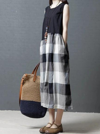 Simple Black Patchwork Plaid Linen Tunic Sleeveless Knee Dress