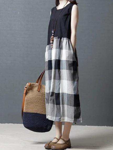 Simple Black Patchwork Plaid Linen Tunic Sleeveless Knee Dress