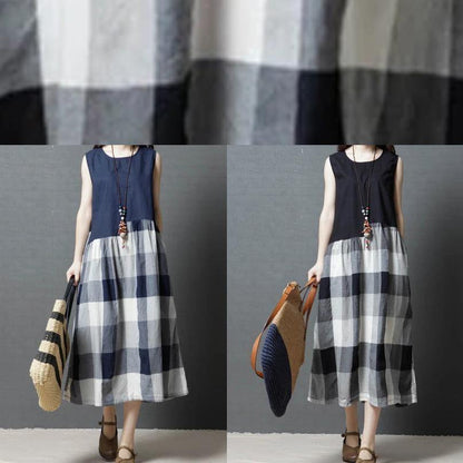 Simple Black Patchwork Plaid Linen Tunic Sleeveless Knee Dress
