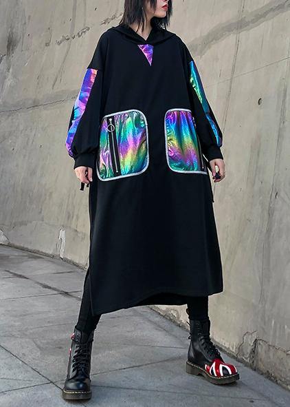 Simple Black Patchwork Cotton Quilting Clothes Side Open Maxi Hooded Dress