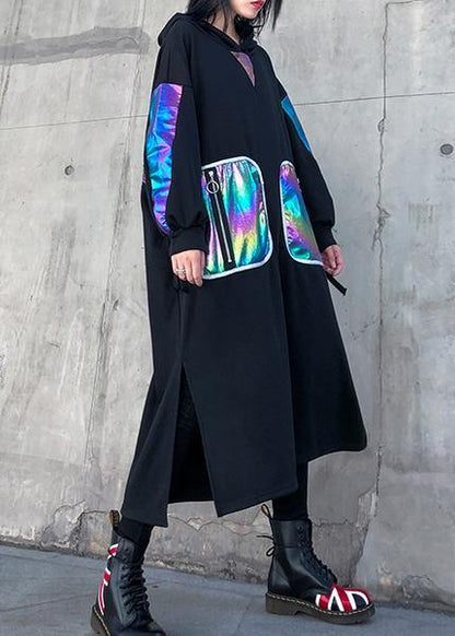 Simple Black Patchwork Cotton Quilting Clothes Side Open Maxi Hooded Dress