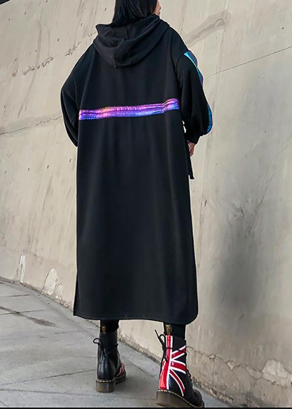 Simple Black Patchwork Cotton Quilting Clothes Side Open Maxi Hooded Dress