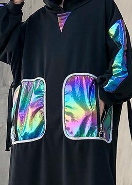 Simple Black Patchwork Cotton Quilting Clothes Side Open Maxi Hooded Dress